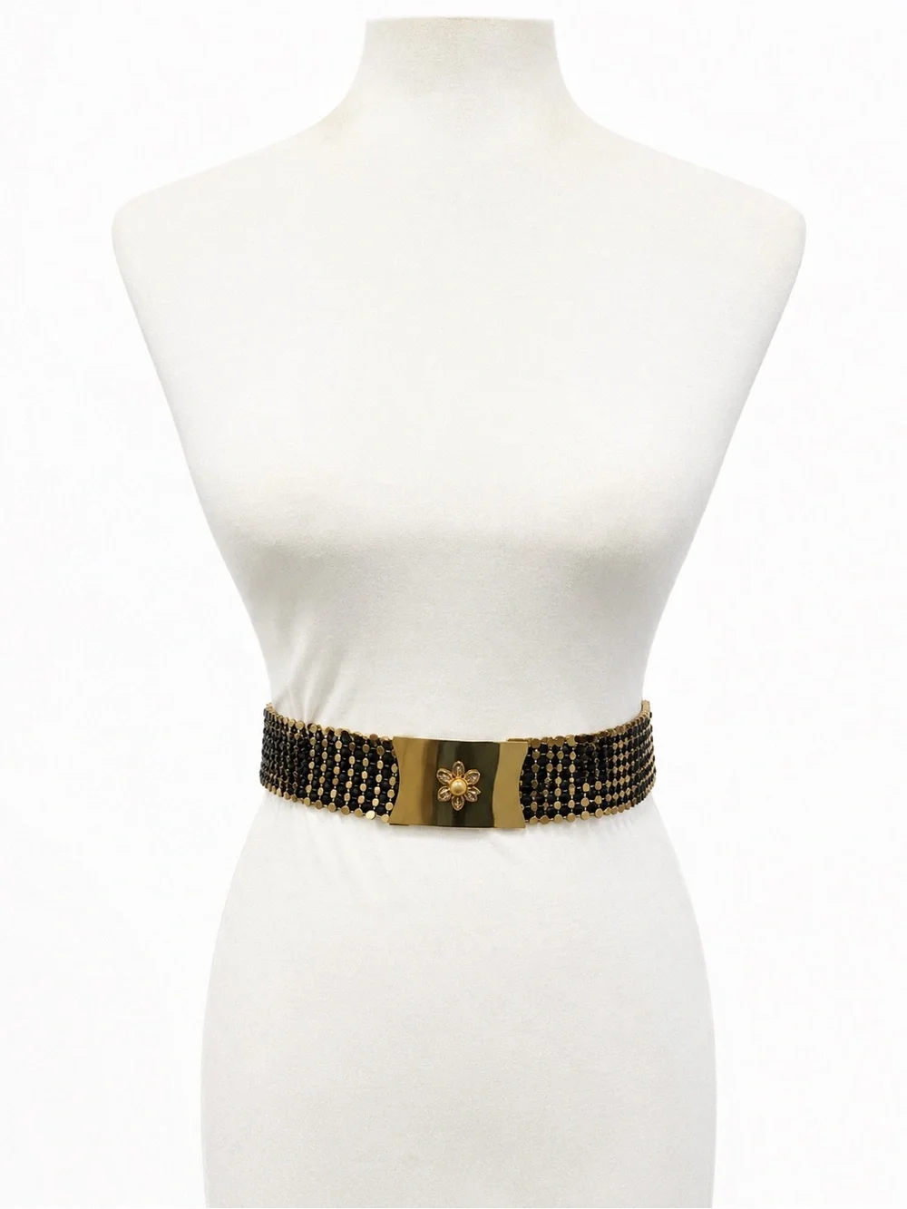 Vintage Gold Glam Black Wide Metal Stretch Belt buckle flower in center